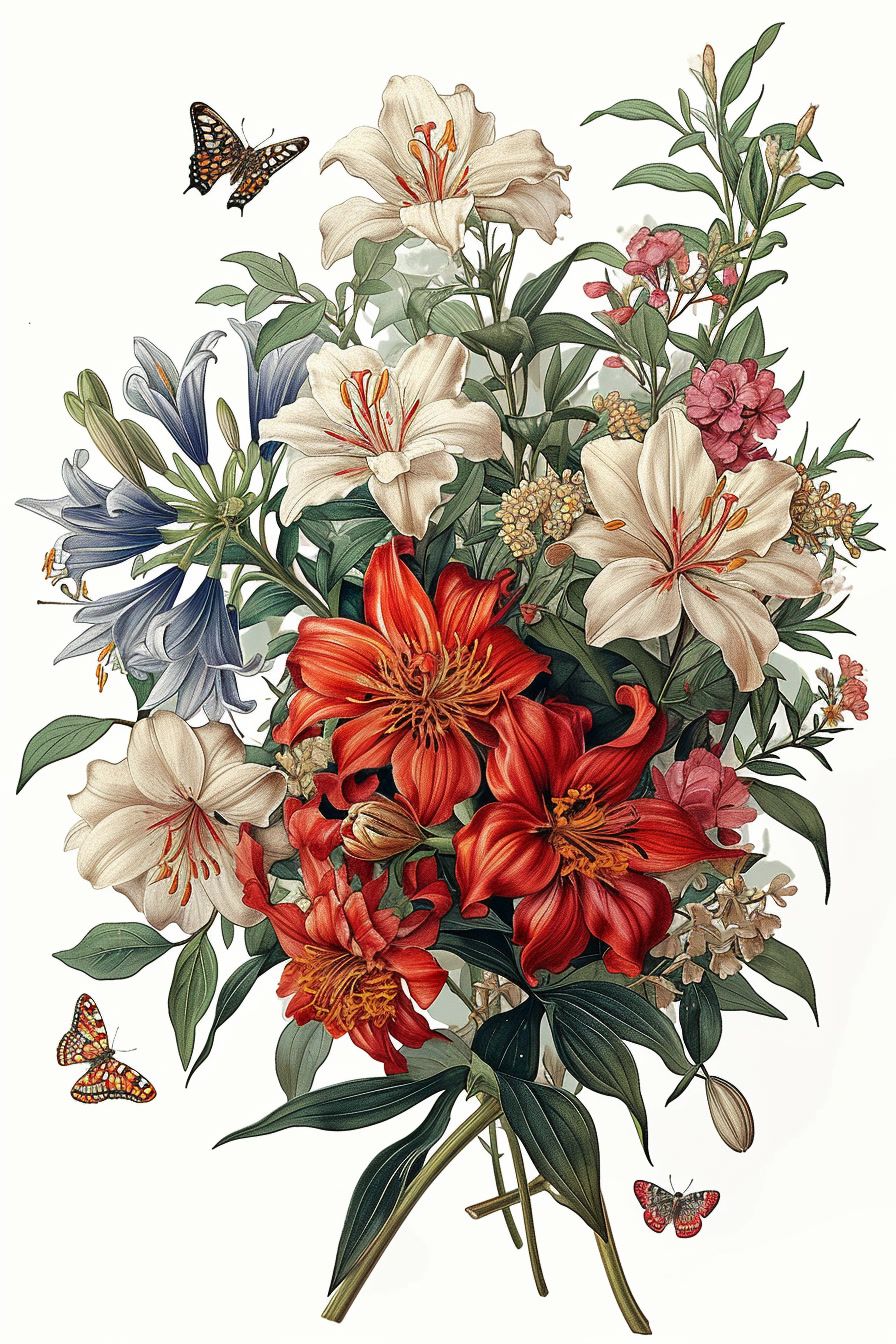 a painting of flowers and butterflies on a white background