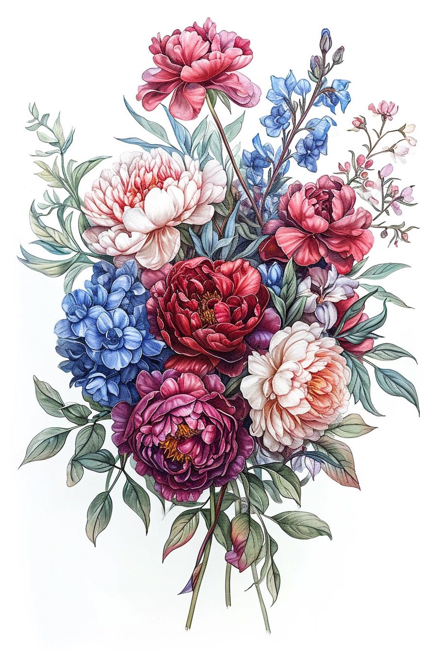 a bouquet of flowers painted in watercolor on a white background