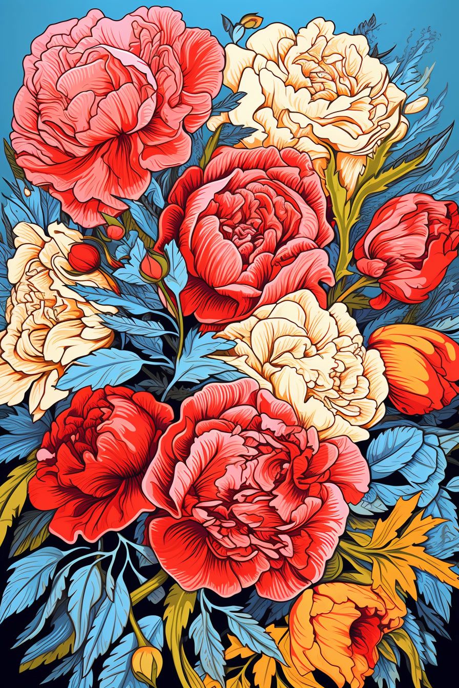 a painting of a bouquet of flowers on a blue background