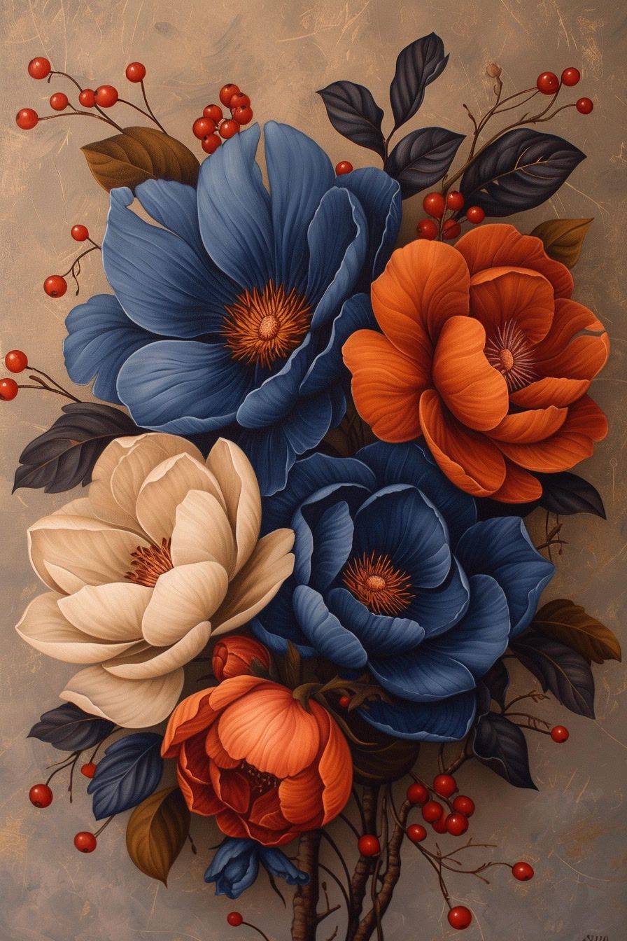 a painting of blue and orange flowers on a gray background