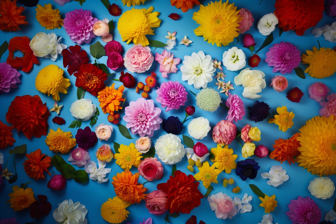 a bunch of different colored flowers on a blue surface