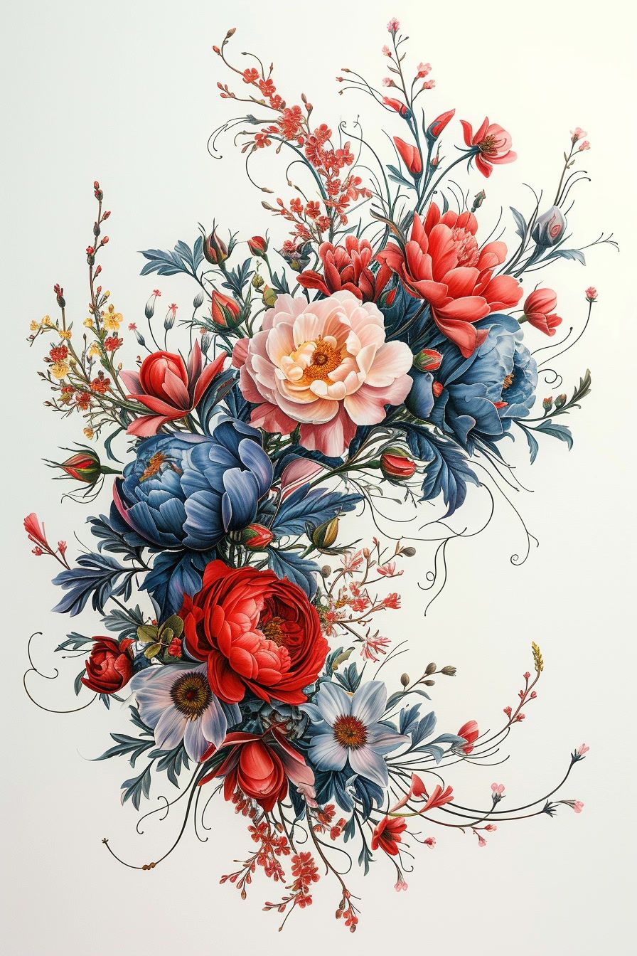 a painting of a bouquet of flowers on a white background