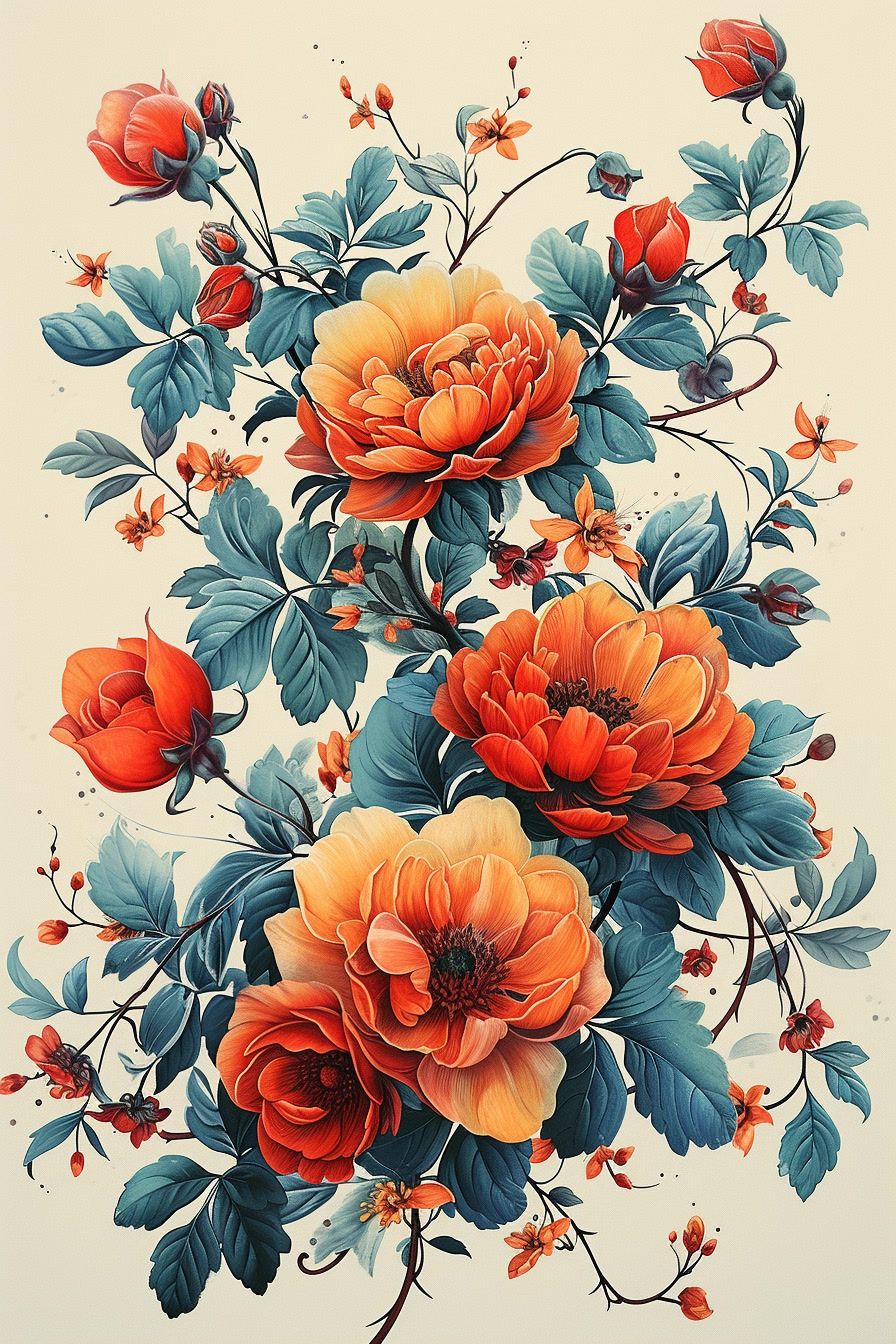 a painting of orange flowers and leaves on a white background