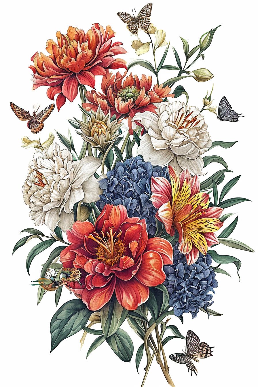 a bouquet of flowers and butterflies on a white background