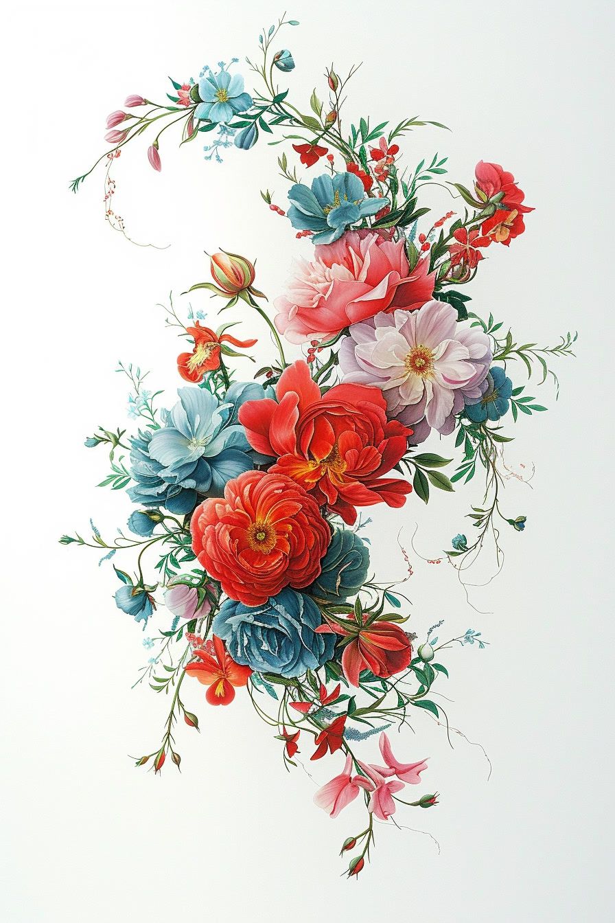 a painting of a bouquet of flowers on a white background