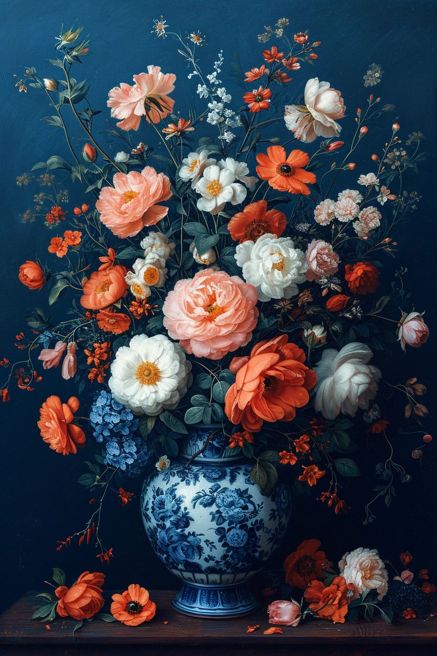 a painting of flowers in a blue and white vase