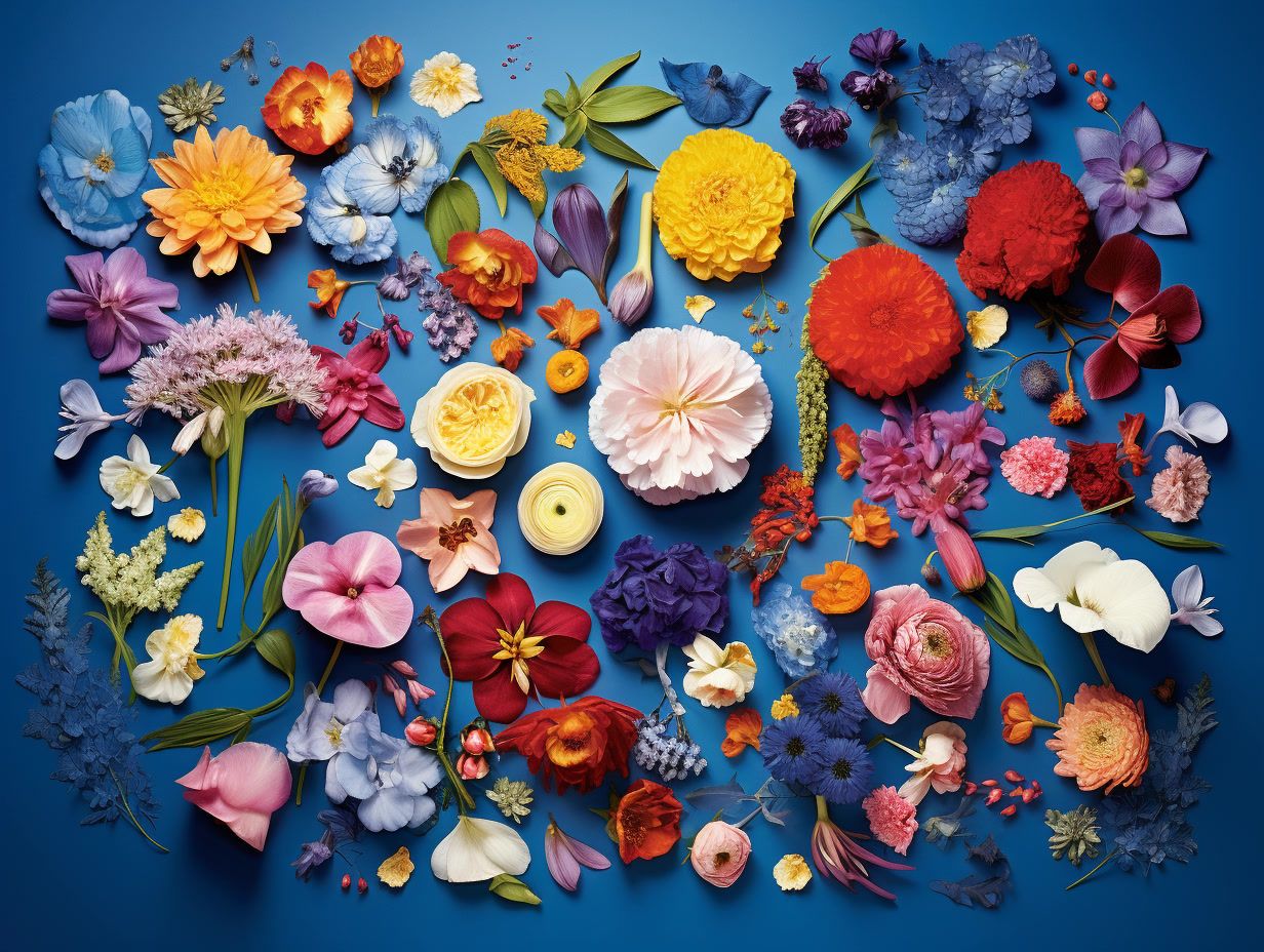 a bunch of flowers that are on a blue surface