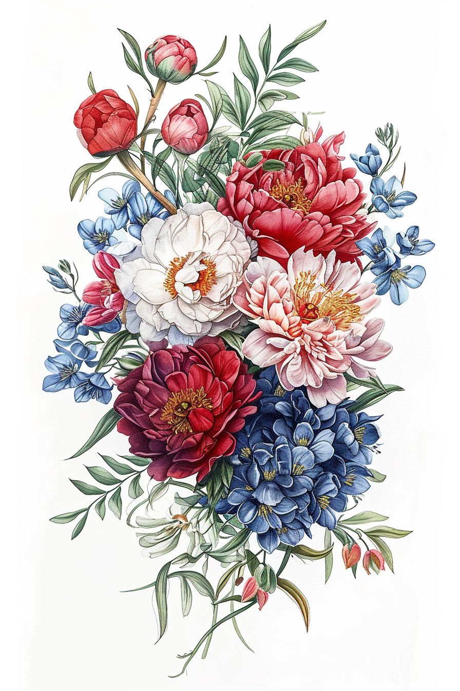 a bouquet of flowers painted on a white background