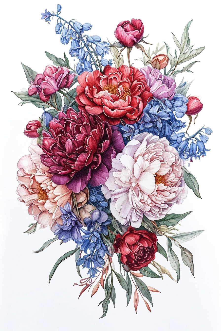 a bouquet of flowers painted on a white background