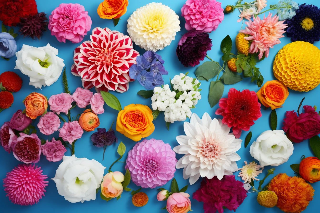 a bunch of different colored flowers on a blue background