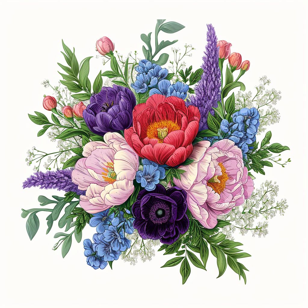 a bouquet of colorful flowers on a white background