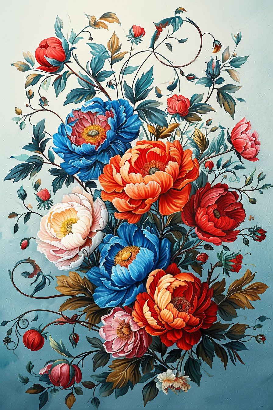 a painting of a bouquet of flowers on a blue background