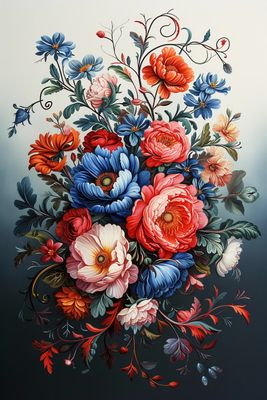 a painting of a bouquet of flowers on a blue background