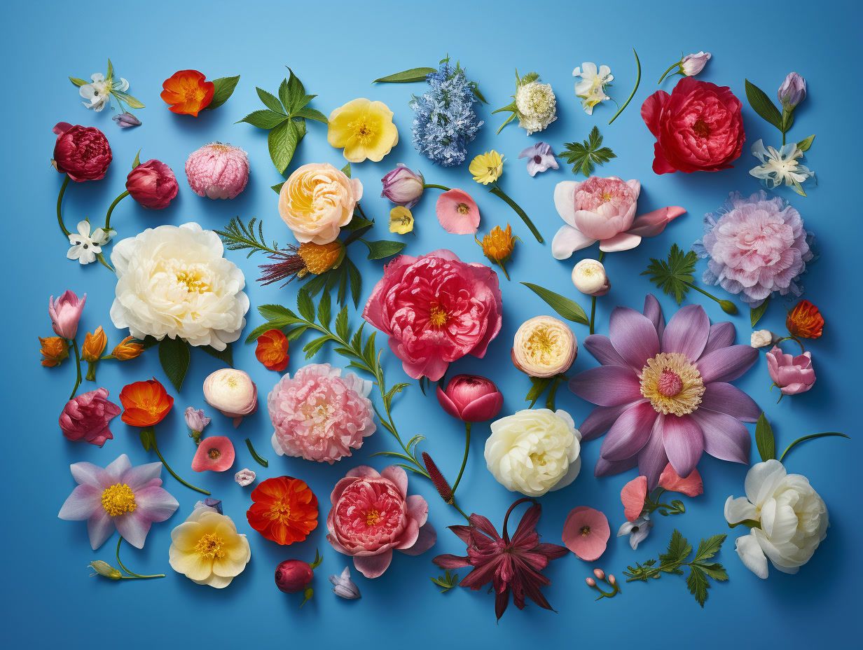 a bunch of flowers that are on a blue surface