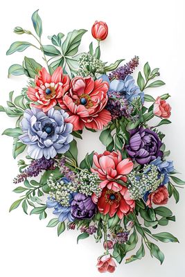 a painting of a wreath of flowers on a white background