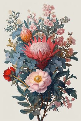 a painting of a bouquet of flowers on a white background