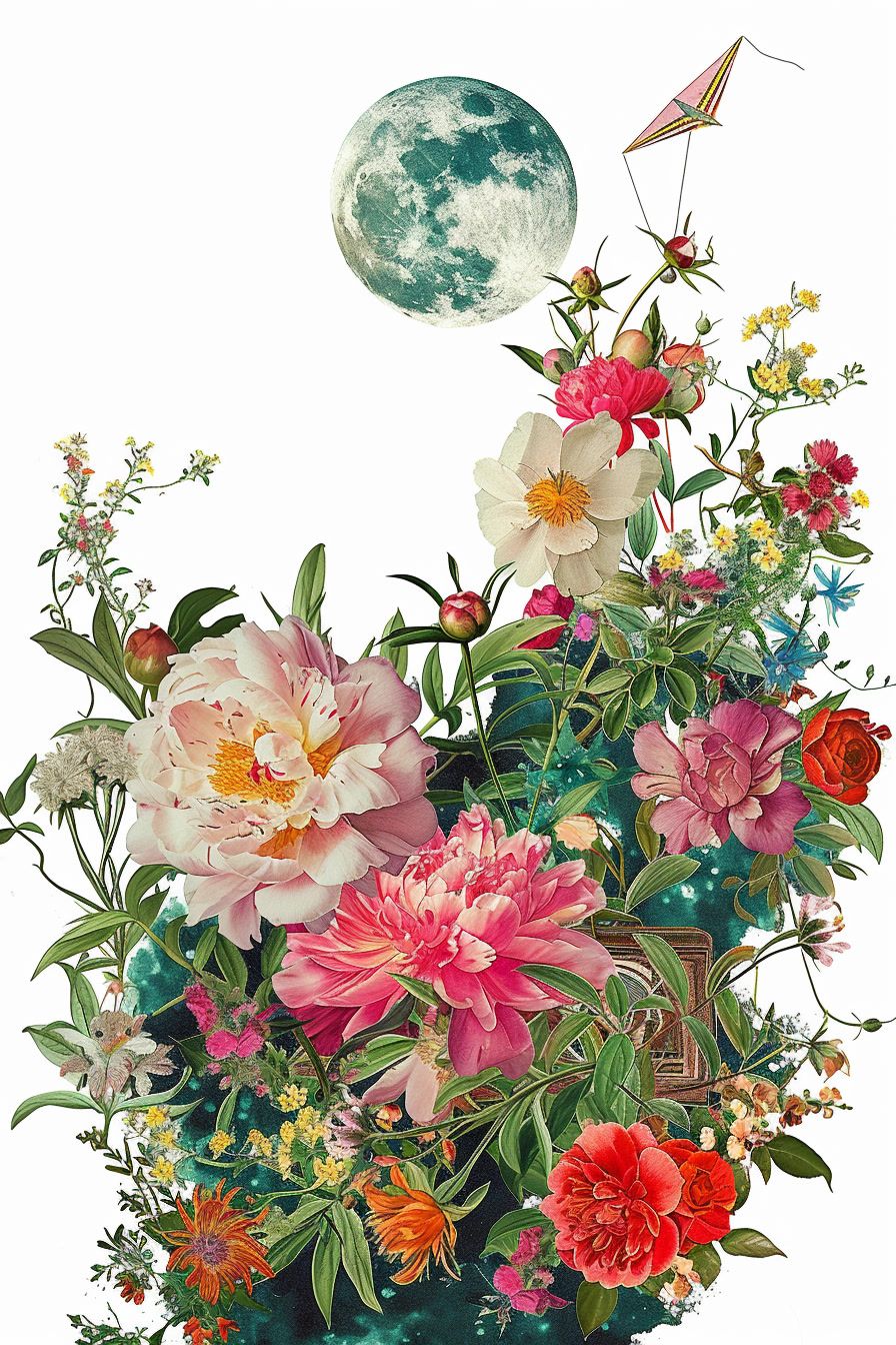 a bouquet of flowers with a full moon in the background