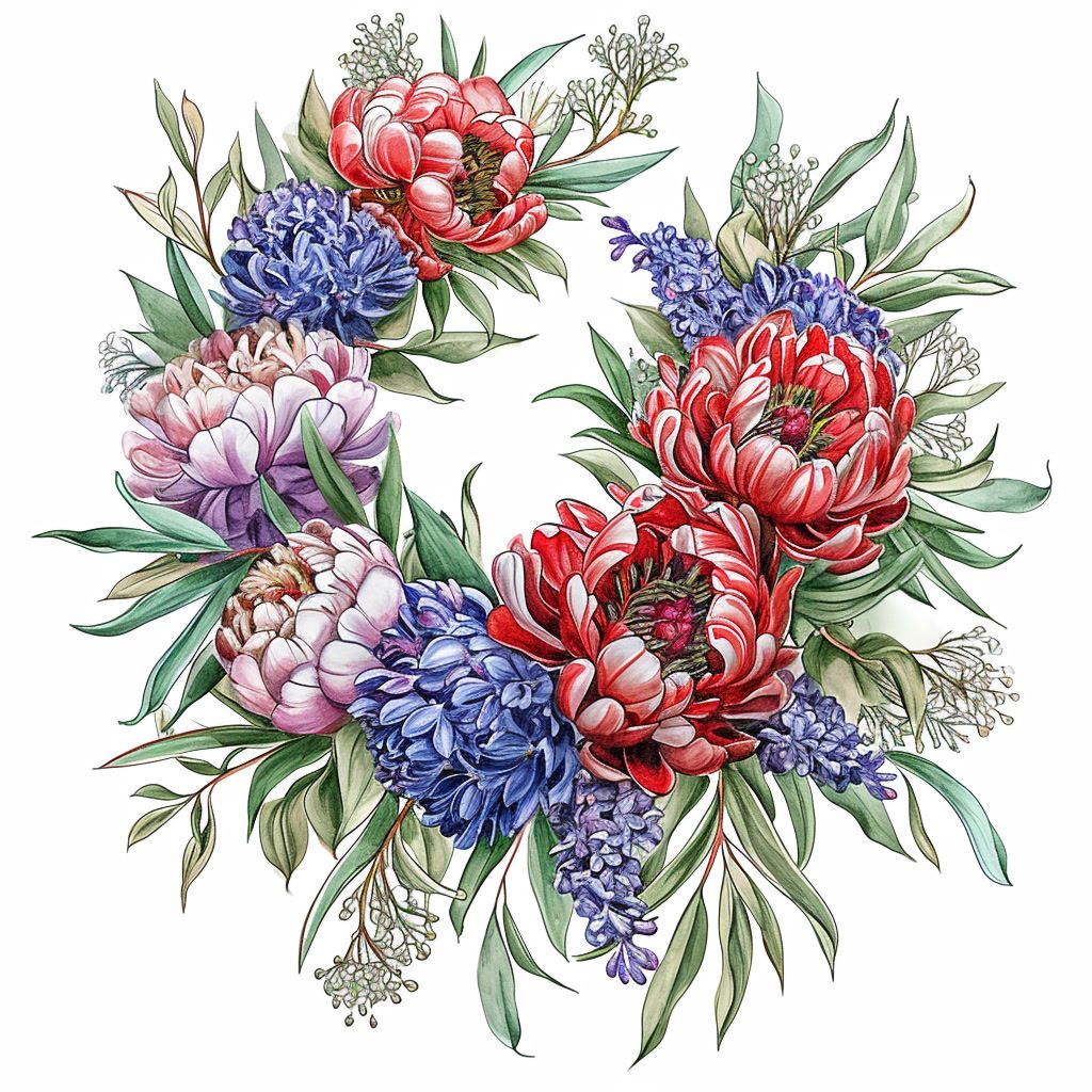 a drawing of a wreath made of flowers