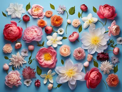 a bunch of flowers that are on a blue surface