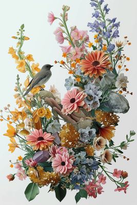 a bird sitting on top of a bouquet of flowers