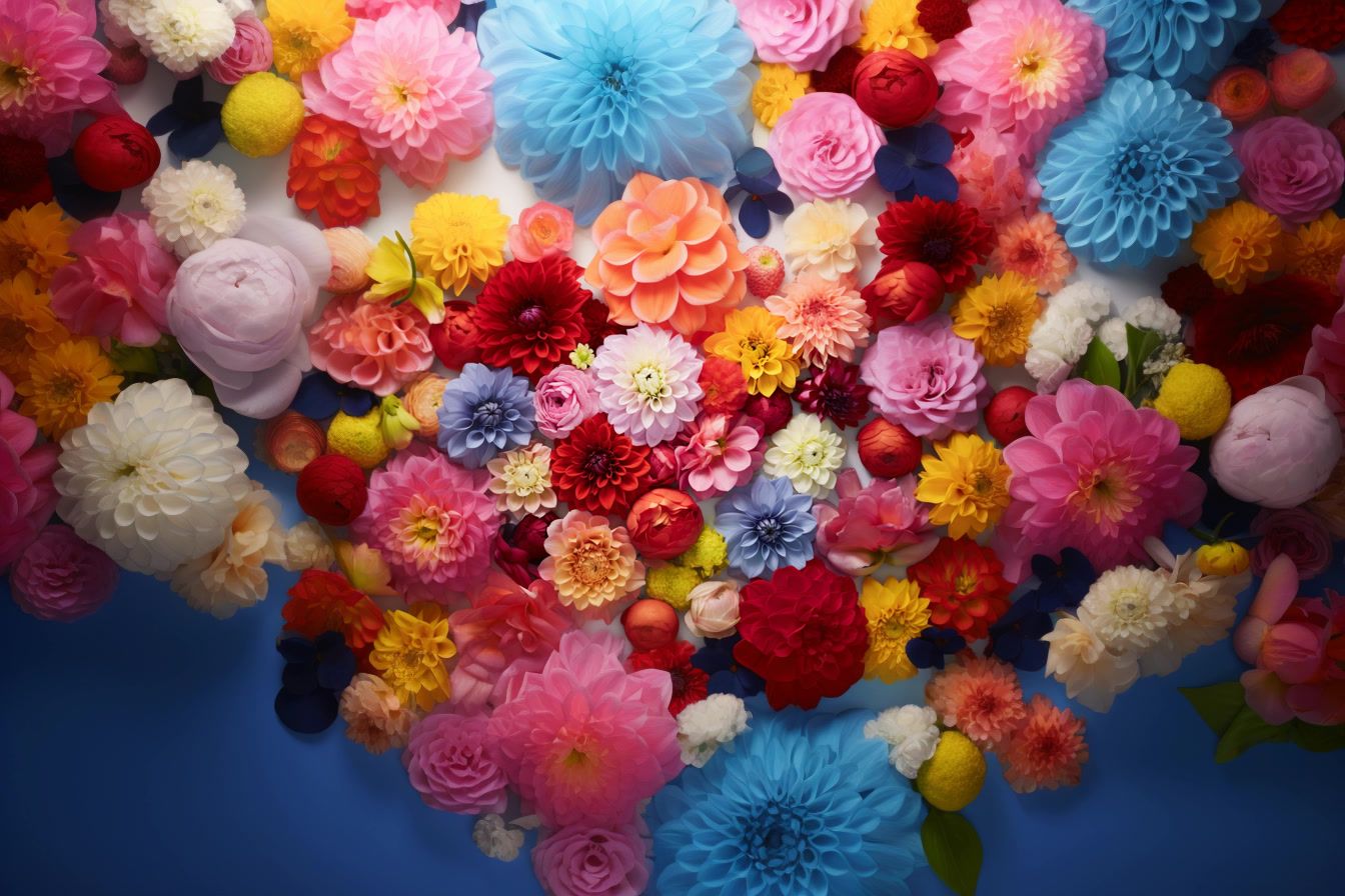 a bunch of colorful flowers on a blue background