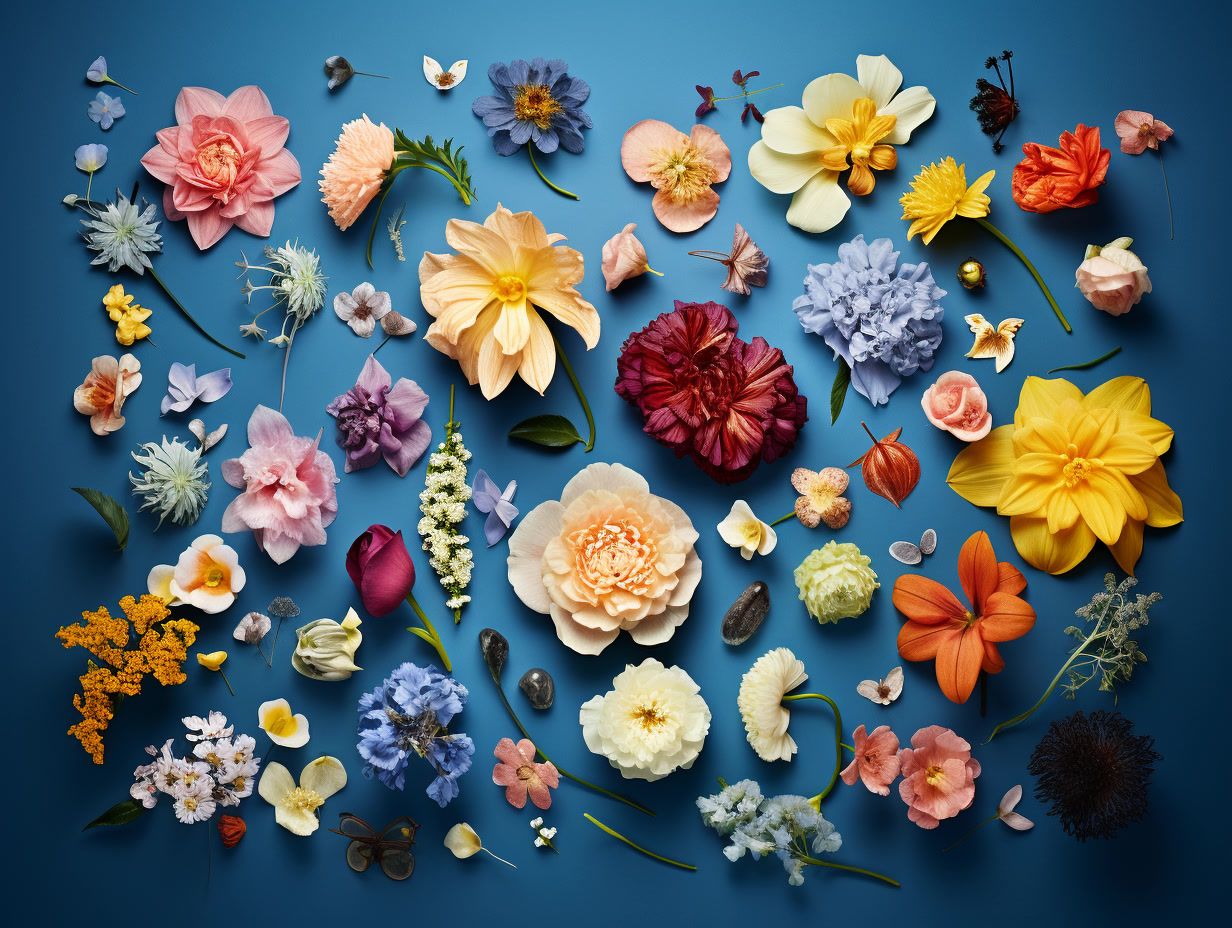 a bunch of different colored flowers on a blue background