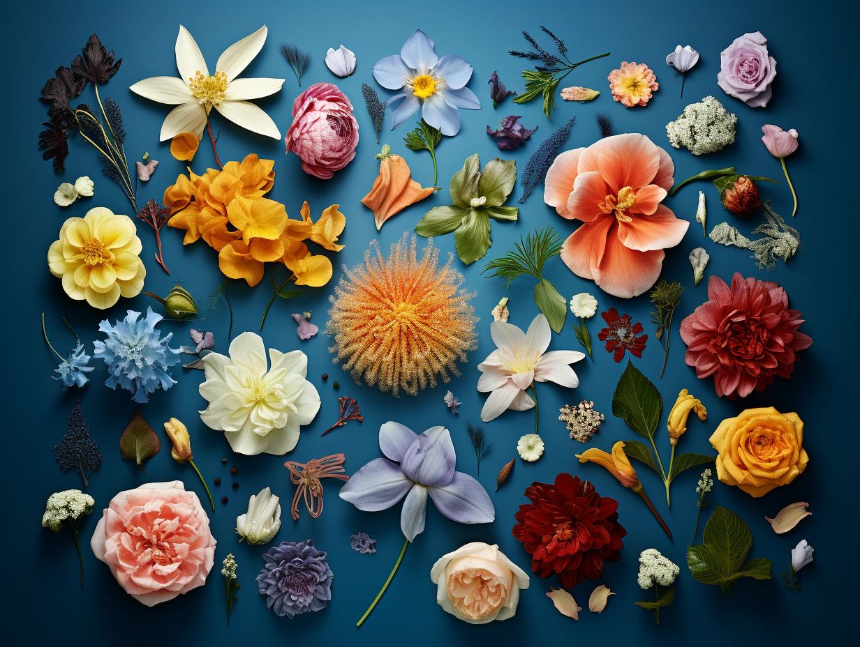 a bunch of flowers that are on a blue surface