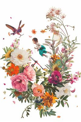 a painting of a flower arrangement with a bird flying over it