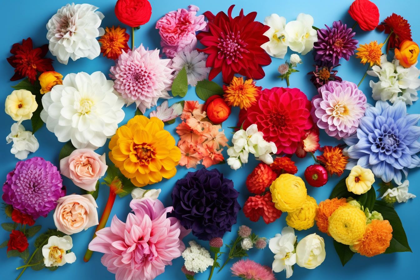 a bunch of colorful flowers on a blue background