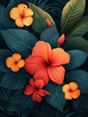 a painting of orange flowers and green leaves