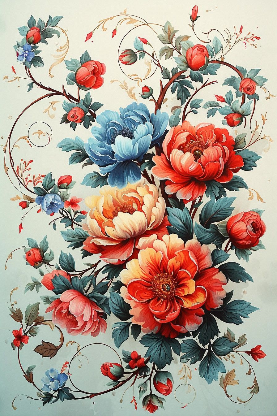 a painting of a bouquet of flowers on a blue background