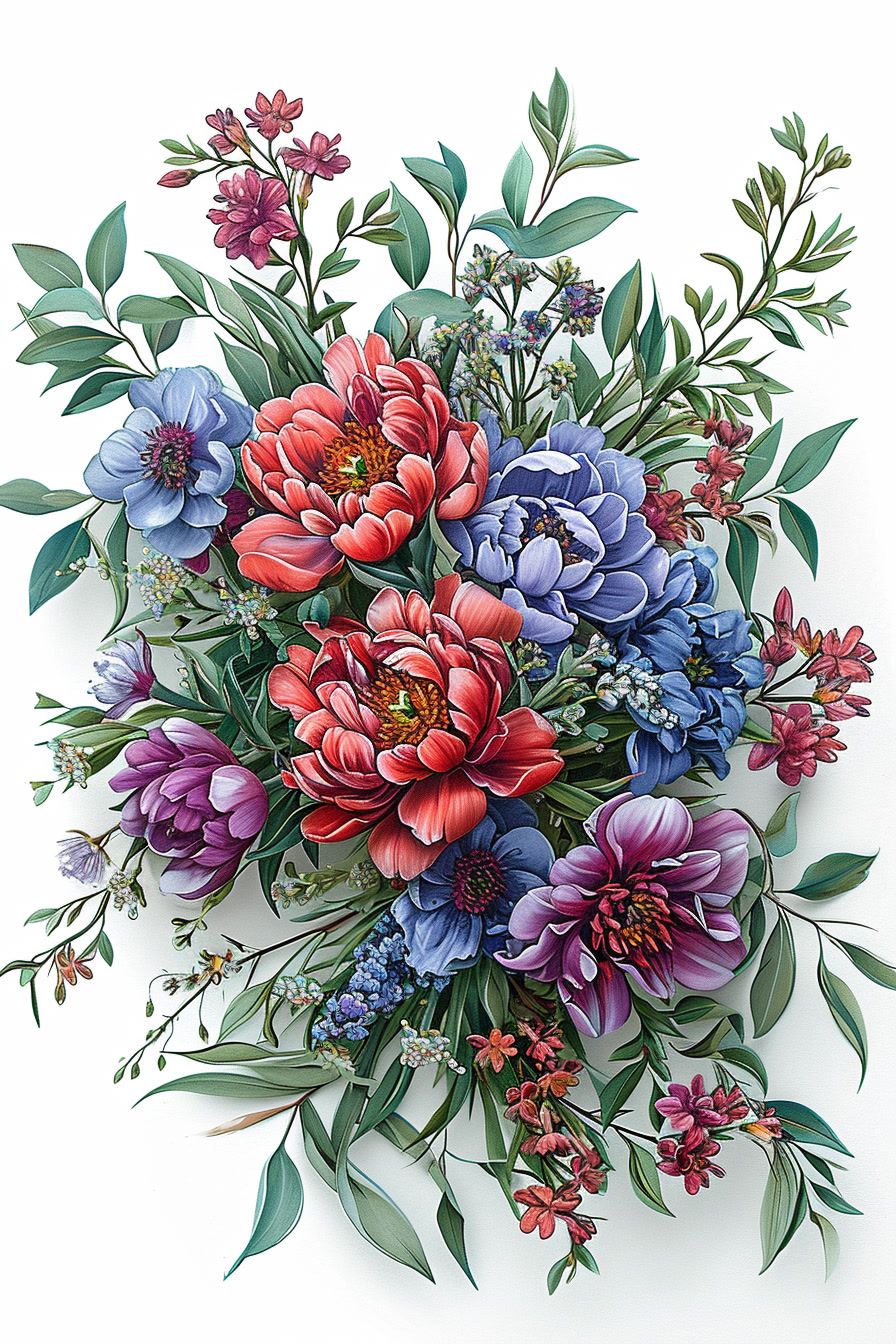 a painting of a bouquet of flowers on a white background