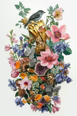 a painting of a bird sitting on top of a bouquet of flowers