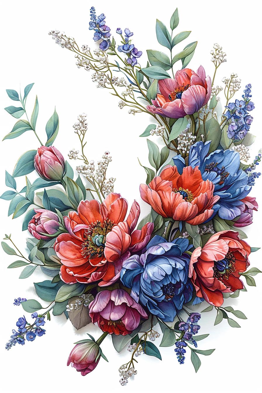 a painting of a bunch of flowers on a white background