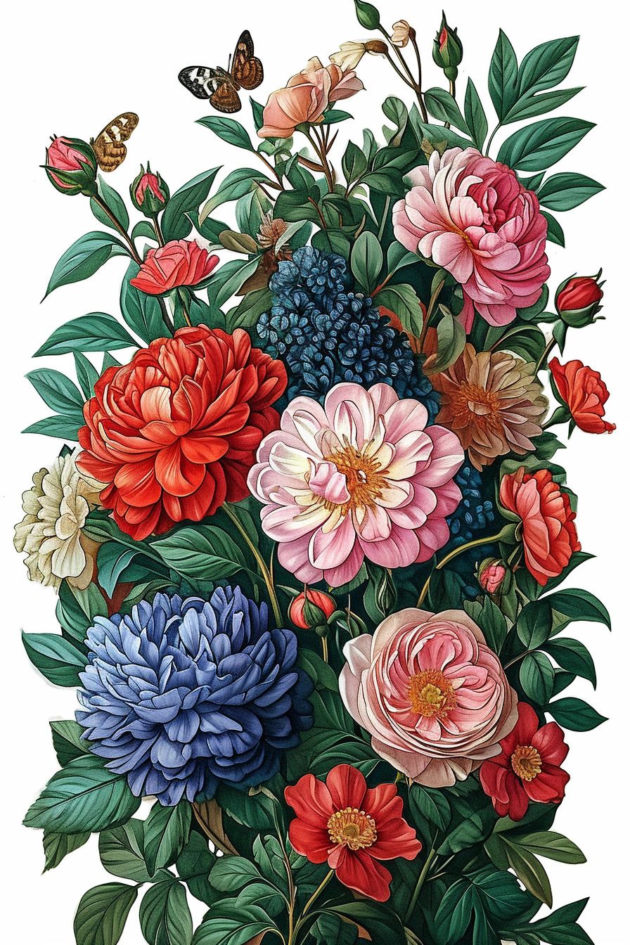 a painting of a bunch of flowers on a white background