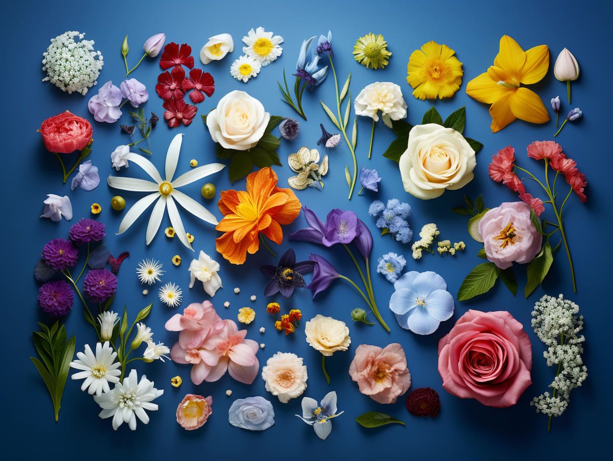 a bunch of flowers that are on a blue surface