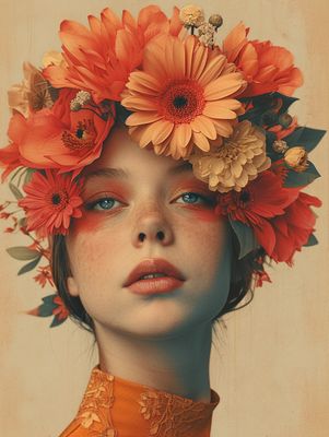 a woman with orange flowers on her head