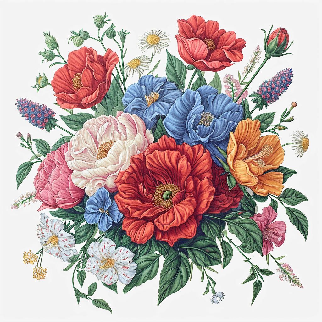 a bouquet of flowers painted on a white background