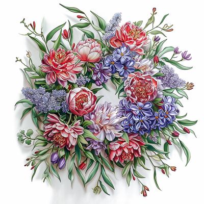 a painting of a wreath of flowers on a white background