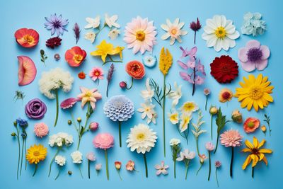 a bunch of different colored flowers on a blue background