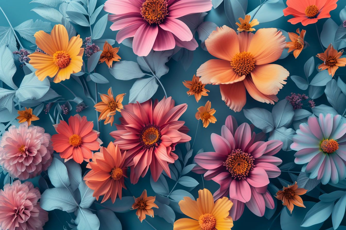 a bunch of different colored flowers on a blue background