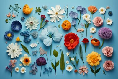 a bunch of different colored flowers on a blue background