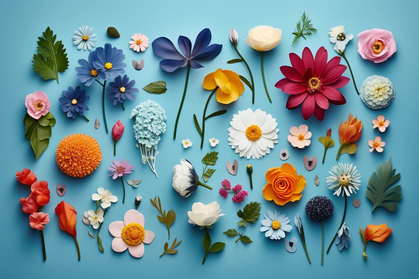 a bunch of flowers that are on a blue surface