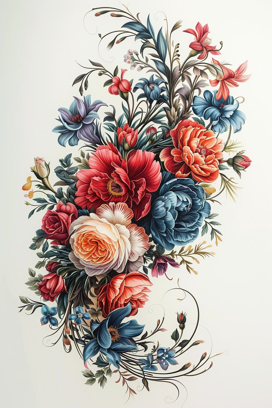 a painting of a bouquet of flowers on a white background