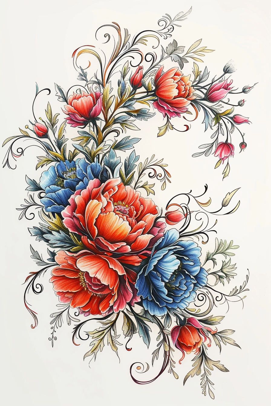 a drawing of a bunch of flowers on a white background