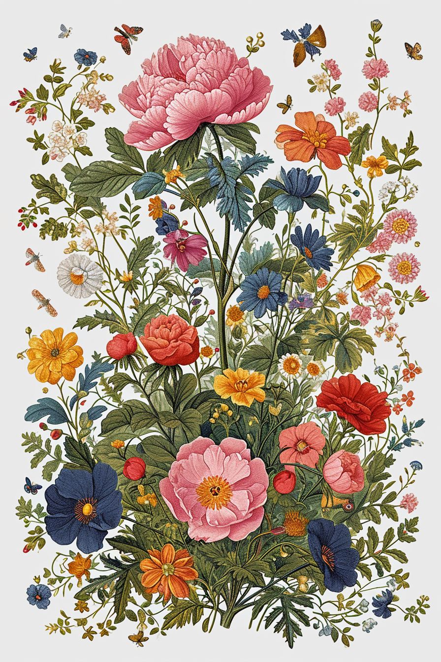 a painting of flowers and butterflies on a white background