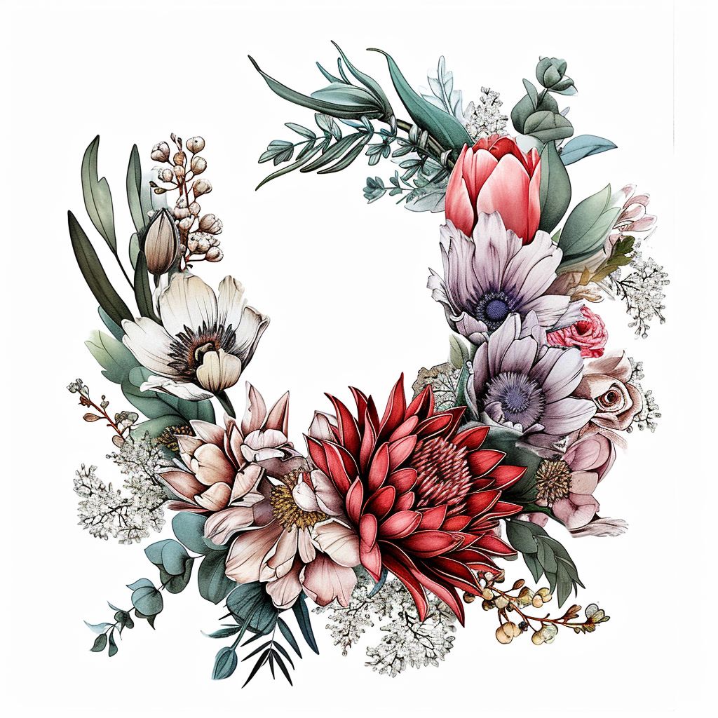 a drawing of a wreath made of flowers