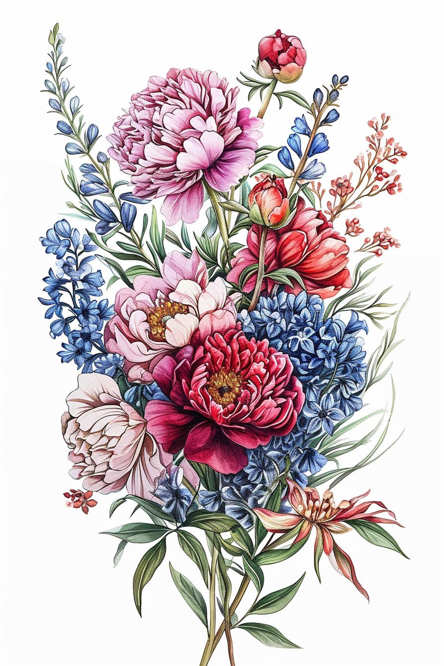 a bouquet of flowers painted on a white background