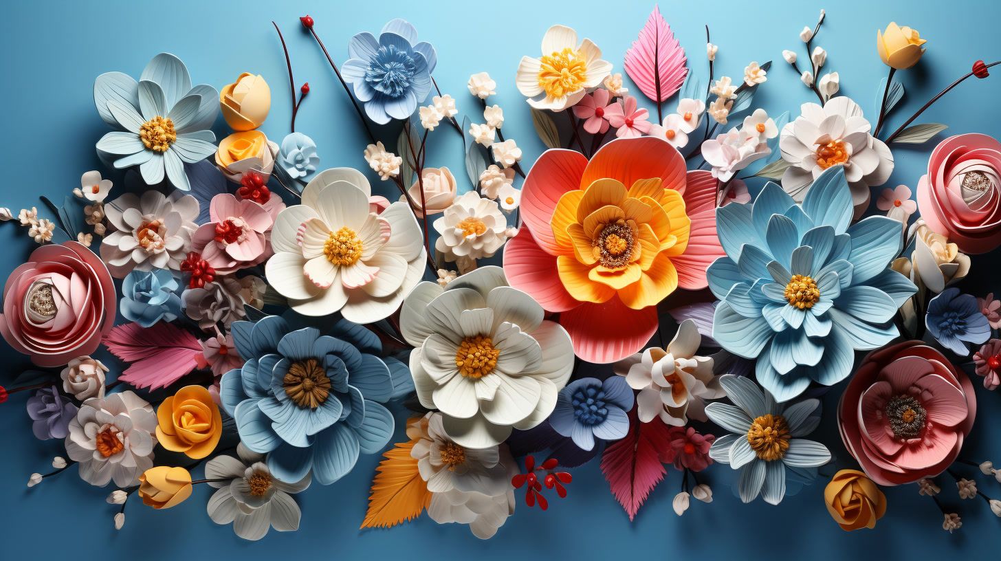 a bunch of paper flowers on a blue background