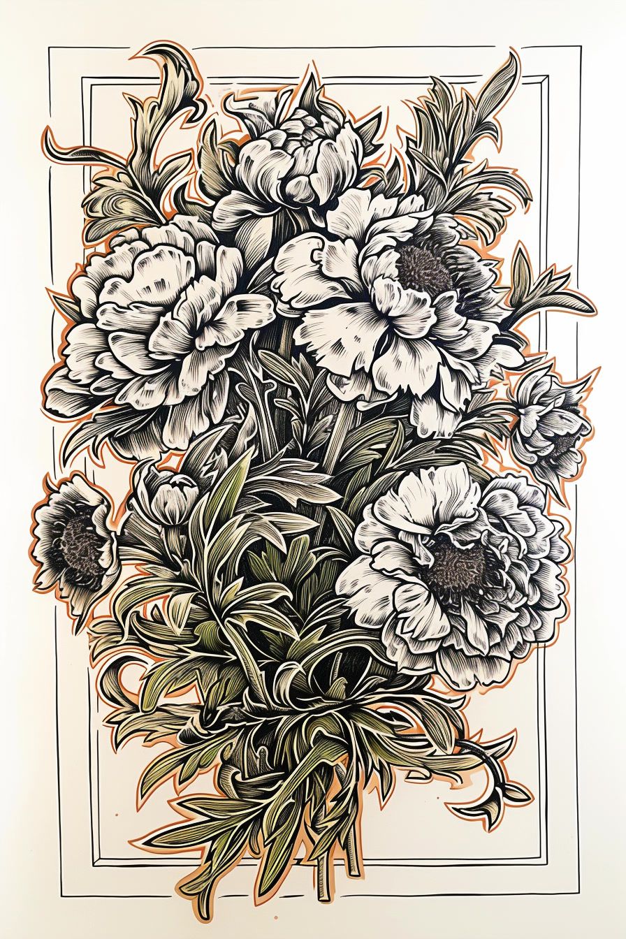 a drawing of a bouquet of flowers on a white background